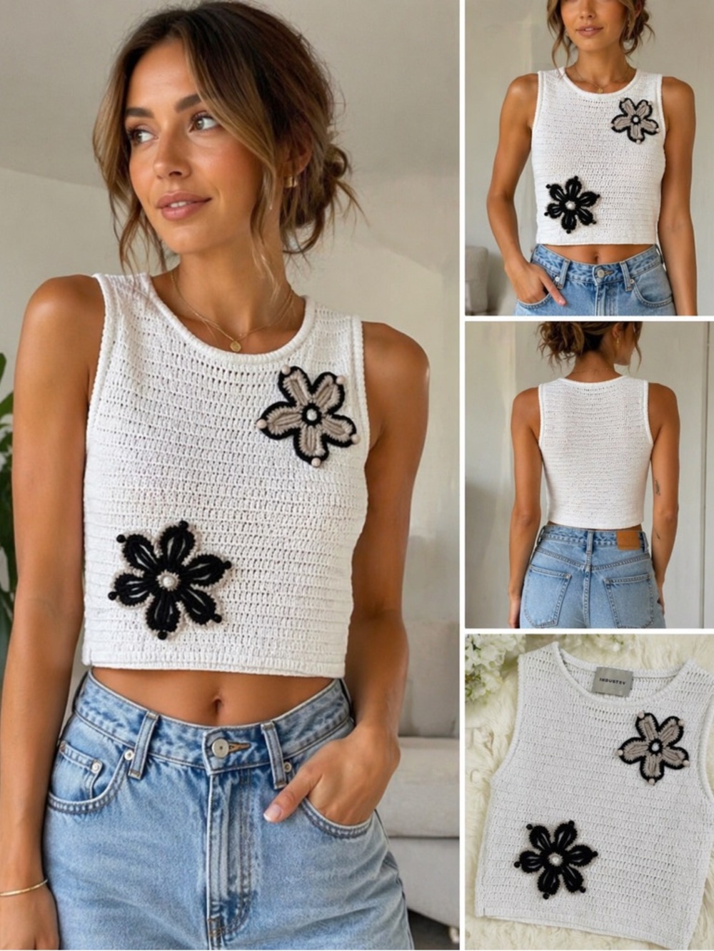 Industry White Crochet Tank Top Floral Appliqué Crop Knit Sleeveless Small Boho